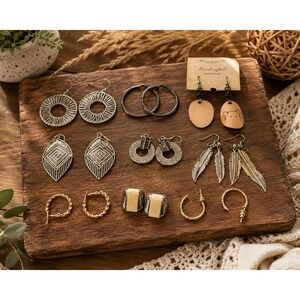 Boho Artisan Earrings Lot of 10 Hoop Feather Geometric Statement Fashion Jewelr